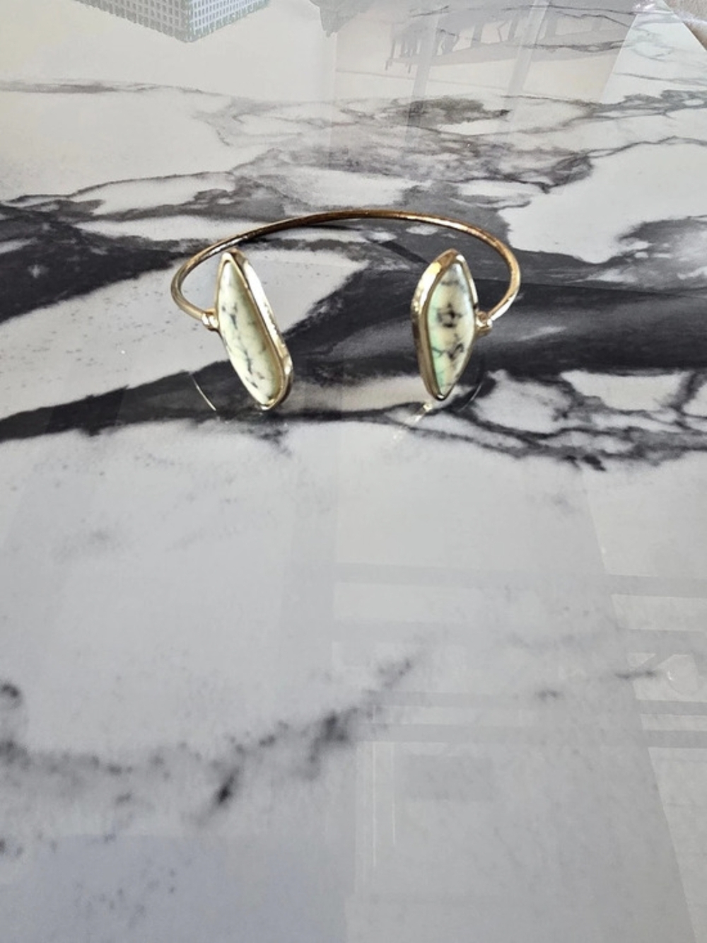 Gold-Tone Open Cuff Bracelet with Marbled Green & Cream Navette Stone Ends